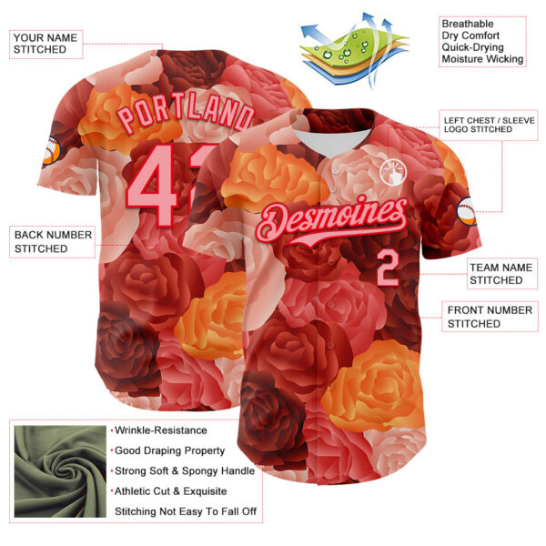 Custom Red Medium Pink-Fire Red 3D Ambartive Rose Pattern Authentic Baseball Jersey