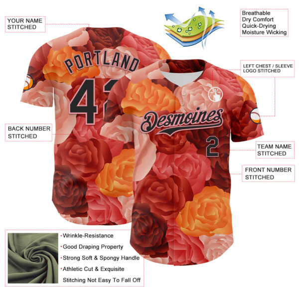 Custom Red Black-Medium Pink 3D Ambartive Rose Pattern Authentic Baseball Jersey