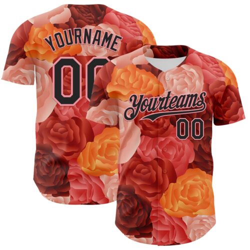 Custom Red Black-Medium Pink 3D Ambartive Rose Pattern Authentic Baseball Jersey