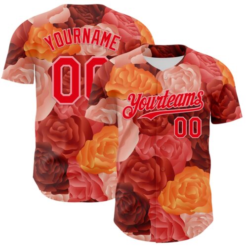 Custom Red Fire Red-Medium Pink 3D Ambartive Rose Pattern Authentic Baseball Jersey