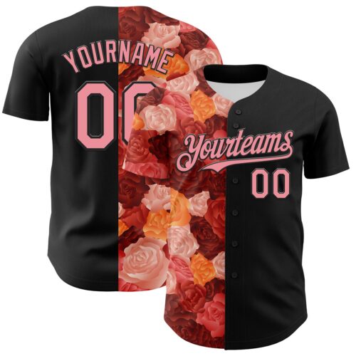 Custom Black Medium Pink 3D Ambartive Rose Pattern Authentic Baseball Jersey