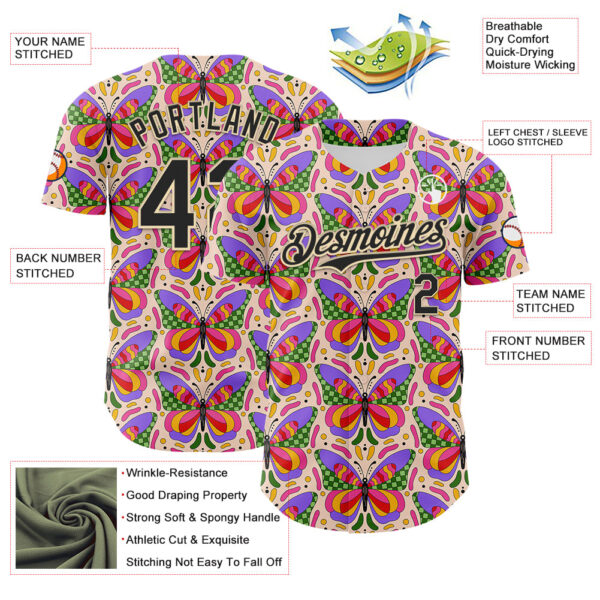 Custom Pink Black-Cream 3D Ambartive Butterfly Pattern Authentic Baseball Jersey