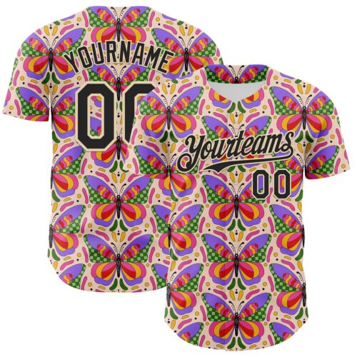 Custom Pink Black-Cream 3D Ambartive Butterfly Pattern Authentic Baseball Jersey
