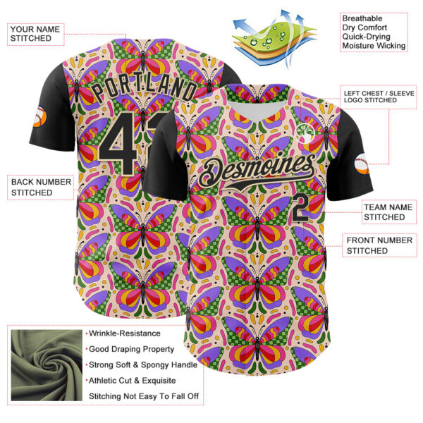 Custom Pink Black-Cream 3D Ambartive Butterfly Pattern Authentic Baseball Jersey