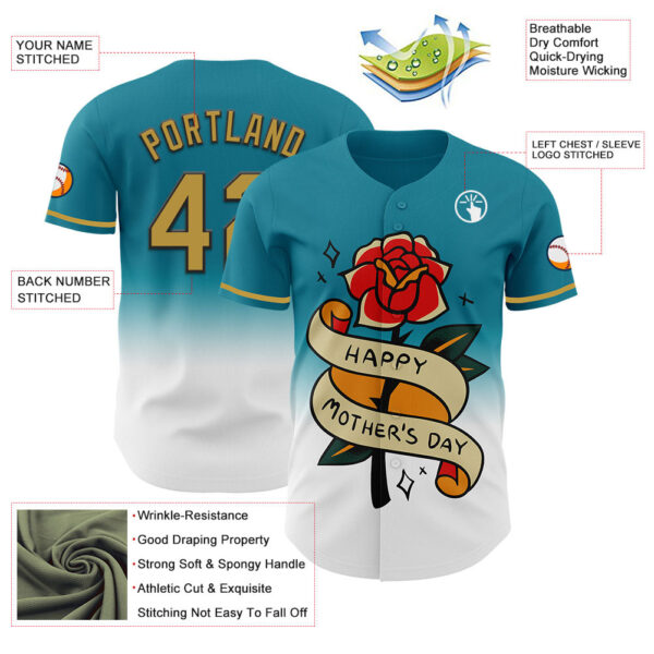 Custom Teal Old Gold-Black 3D Pattern Design Gradient Mother's Day Flower Authentic Baseball Jersey