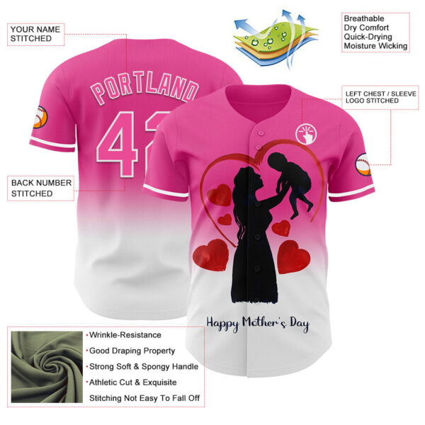Custom Pink White 3D Pattern Design Gradient Mother's Day Family Love Authentic Baseball Jersey
