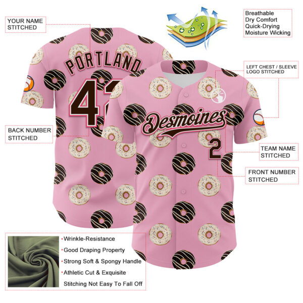 Custom Light Pink Brown-Neon Pink 3D Pattern Design Foodie Food Dessert Doughnut Authentic Baseball Jersey
