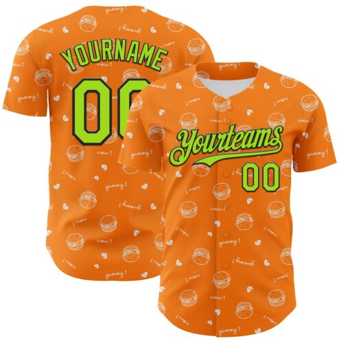 3DPattern6790 Custom Bay Orange Neon Green-Black 3D Pattern Design Foodie Fast Food Burger Authentic Baseball Jersey