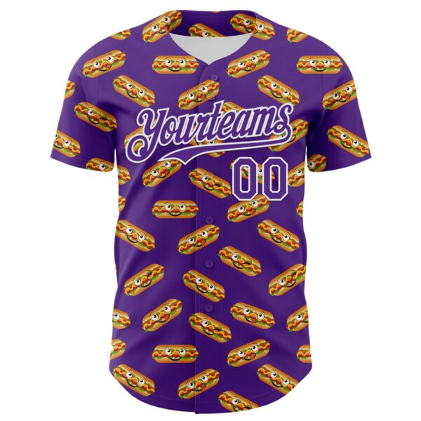 Custom Purple White 3D Pattern Design Foodie Fast Food Hot Dog Authentic Baseball Jersey