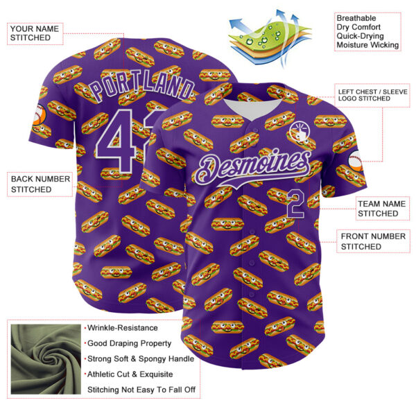 Custom Purple White 3D Pattern Design Foodie Fast Food Hot Dog Authentic Baseball Jersey