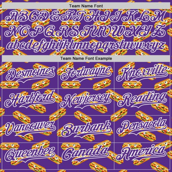 Custom Purple White 3D Pattern Design Foodie Fast Food Hot Dog Authentic Baseball Jersey