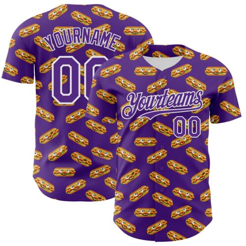 3DPattern6792 Custom Purple White 3D Pattern Design Foodie Fast Food Hot Dog Authentic Baseball Jersey