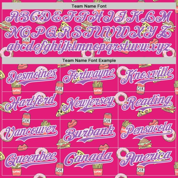 Custom Hot Pink Medium Purple-White 3D Pattern Design Foodie Fast Food Pizza Donut Cola Authentic Baseball Jersey