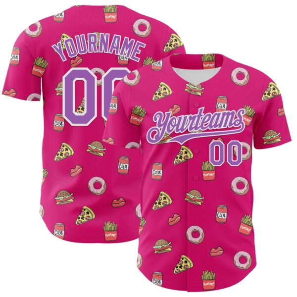 Custom Hot Pink Medium Purple-White 3D Pattern Design Foodie Fast Food Pizza Donut Cola Authentic Baseball Jersey