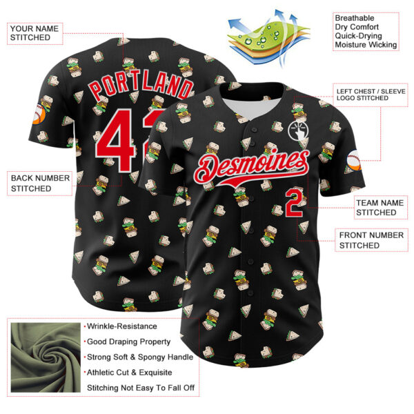 Custom Black Fire Red-White 3D Pattern Design Foodie Fast Food Sandwich Authentic Baseball Jersey