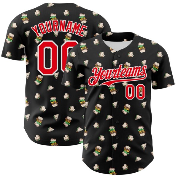 Custom Black Fire Red-White 3D Pattern Design Foodie Fast Food Sandwich Authentic Baseball Jersey