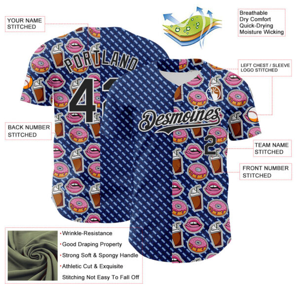 Custom US Navy Blue Black-White 3D Pattern Design Foodie Food Dessert Milkshake Donut Authentic Baseball Jersey