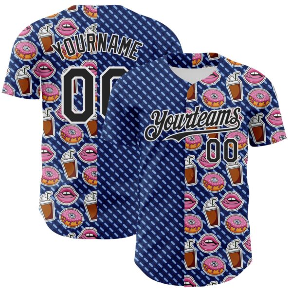 Custom US Navy Blue Black-White 3D Pattern Design Foodie Food Dessert Milkshake Donut Authentic Baseball Jersey