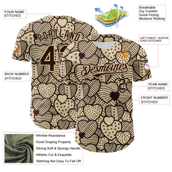 Custom Cream Brown 3D Pattern Design Foodie Food Snack Heart Chocolate Authentic Baseball Jersey