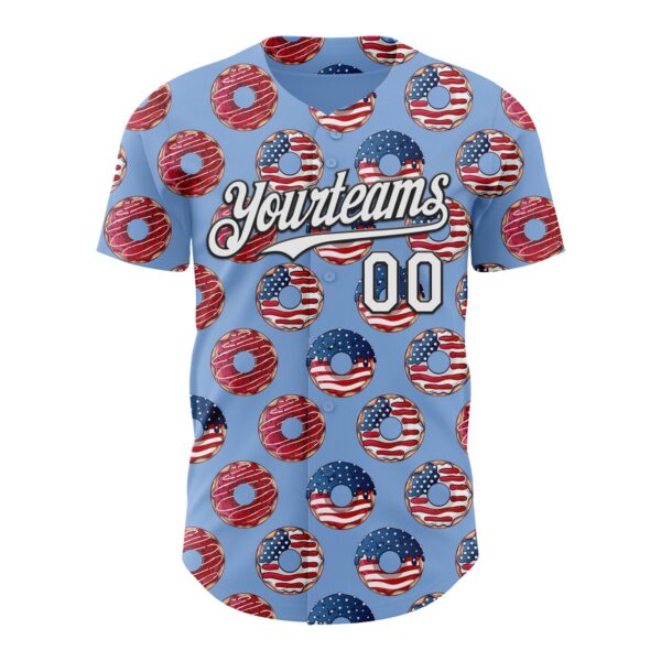 Custom Light Blue White-Black 3D Pattern Design USA Flag Foodie Food Dessert Donut Authentic Baseball Jersey