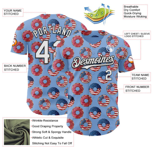Custom Light Blue White-Black 3D Pattern Design USA Flag Foodie Food Dessert Donut Authentic Baseball Jersey