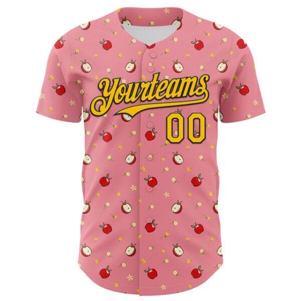 Custom Medium Pink Yellow-Black 3D Pattern Design Foodie Food Fruit Apple Authentic Baseball Jersey