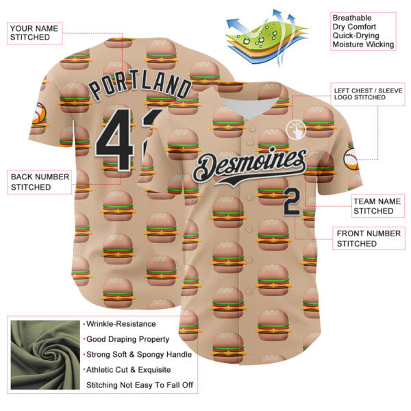 Custom Vegas Gold Black-White 3D Pattern Design Foodie Fast Food Burger Authentic Baseball Jersey