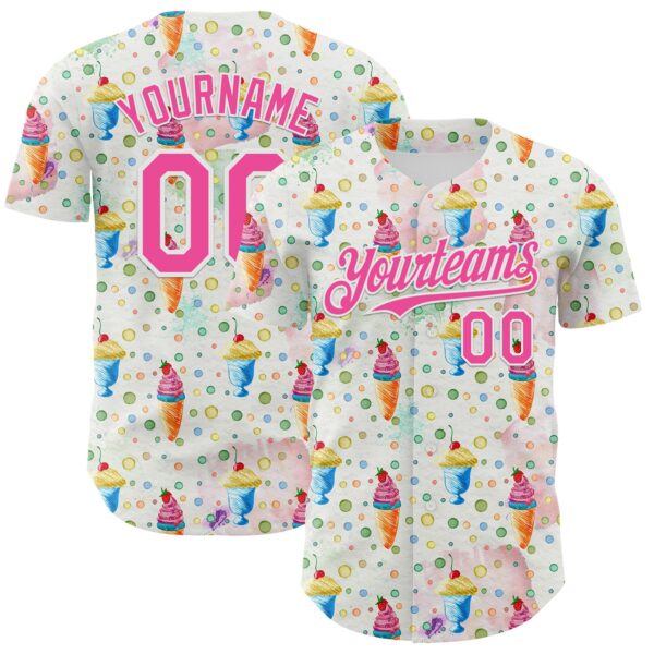 Custom White Pink 3D Pattern Design Foodie Food Dessert Ice Cream Authentic Baseball Jersey