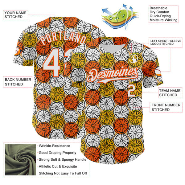 Custom Gold White-Orange 3D Pattern Design Foodie Food Fruit Orange Authentic Baseball Jersey