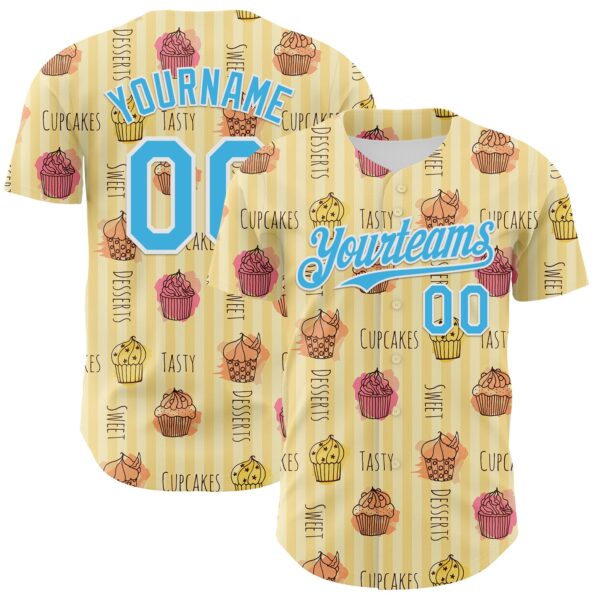 Custom Yellow Sky Blue-White 3D Pattern Design Foodie Food Dessert Cupcake Authentic Baseball Jersey