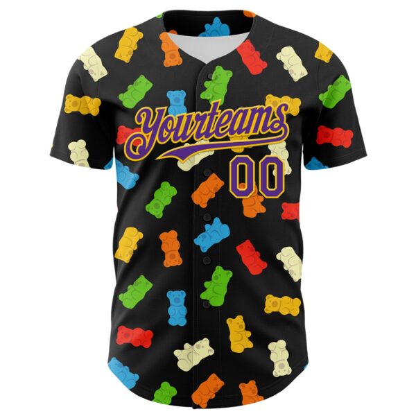 Custom Black Purple-Yellow 3D Pattern Design Foodie Food Snack Gummy Bear Authentic Baseball Jersey