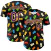 Custom Black Purple-Yellow 3D Pattern Design Foodie Food Snack Gummy Bear Authentic Baseball Jersey