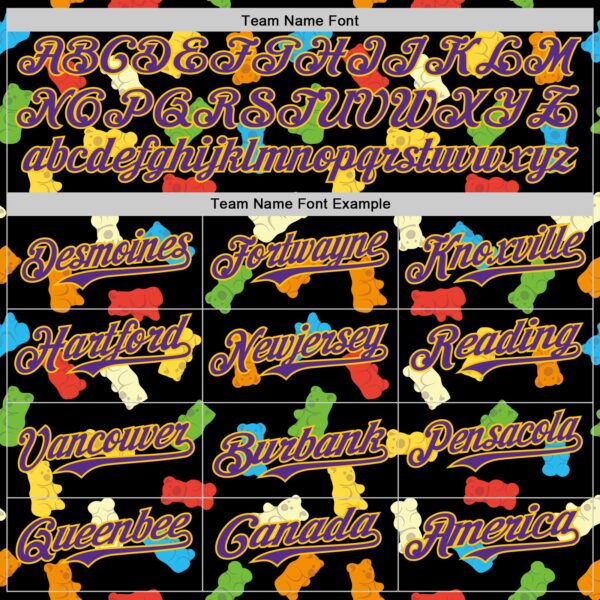 Custom Black Purple-Yellow 3D Pattern Design Foodie Food Snack Gummy Bear Authentic Baseball Jersey