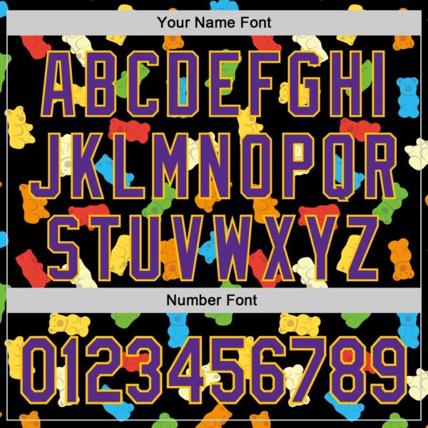 Custom Black Purple-Yellow 3D Pattern Design Foodie Food Snack Gummy Bear Authentic Baseball Jersey