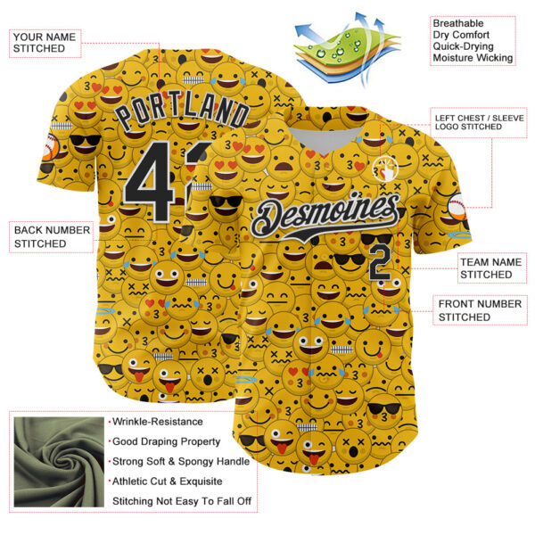 Custom Gold Black-White 3D Pattern Design Funny Cartoon Emoji Face Authentic Baseball Jersey