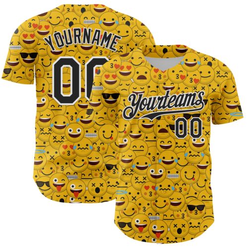 Custom Gold Black-White 3D Pattern Design Funny Cartoon Emoji Face Authentic Baseball Jersey