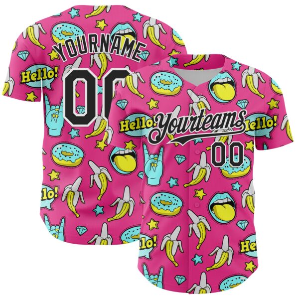 Custom Pink Black-White 3D Pattern Design Funny Cartoon Food Donut And Fruit Banana Authentic Baseball Jersey
