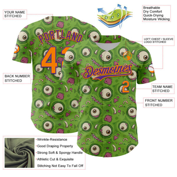 Custom Green Bay Orange-Purple 3D Pattern Design Funny Cartoon Monster Authentic Baseball Jersey