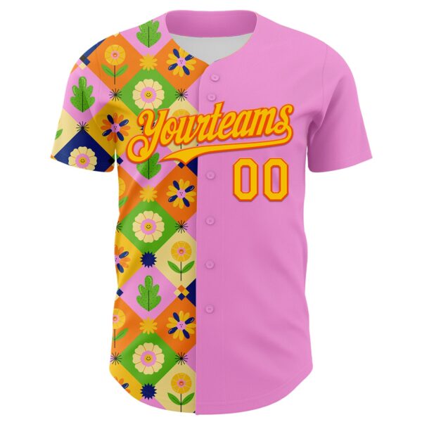 Custom Pink Yellow-Orange 3D Ambartive Abstract Flowers Pattern Authentic Baseball Jersey