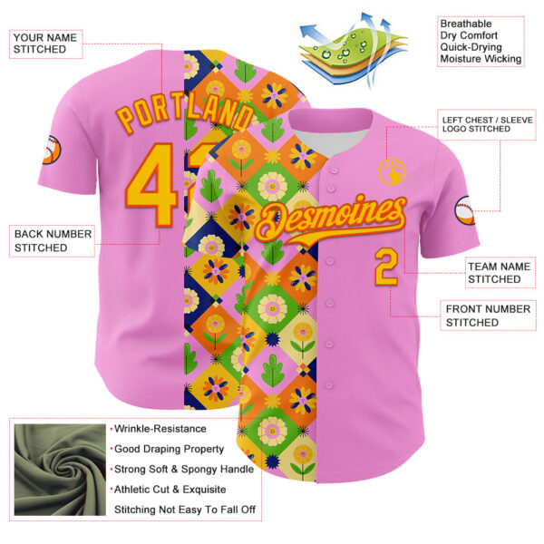 Custom Pink Yellow-Orange 3D Ambartive Abstract Flowers Pattern Authentic Baseball Jersey