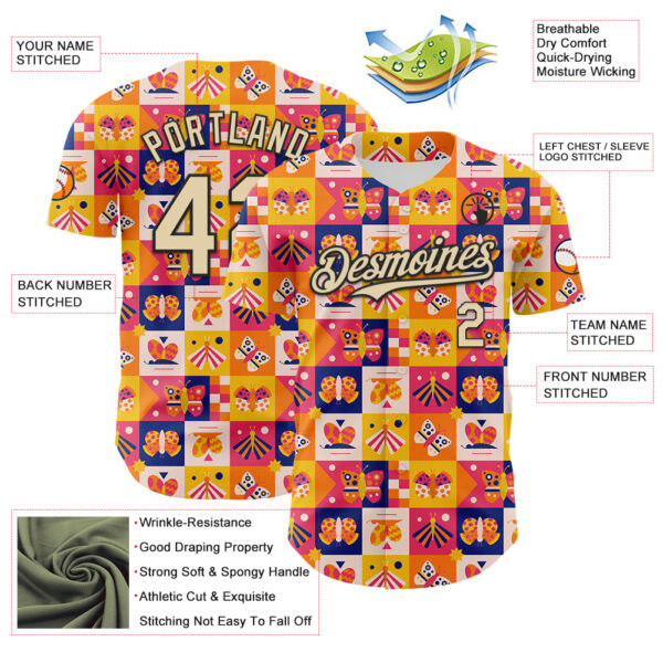 Custom Yellow Cream-Black 3D Ambartive Abstract Butterfly Pattern Authentic Baseball Jersey