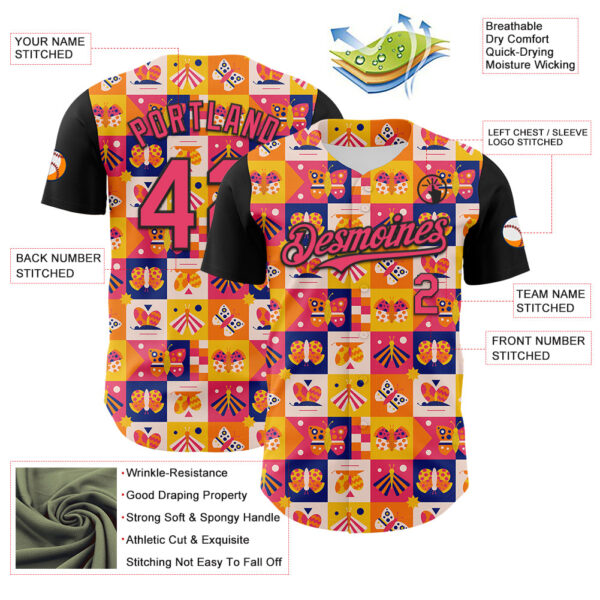 Custom Yellow Neon Pink-Black 3D Ambartive Abstract Butterfly Pattern Authentic Baseball Jersey