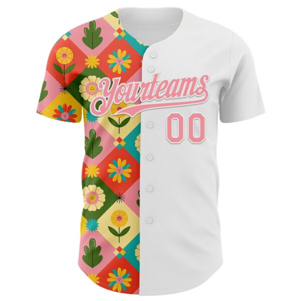 Custom White Medium Pink 3D Ambartive Checkered Flower Pattern Authentic Baseball Jersey