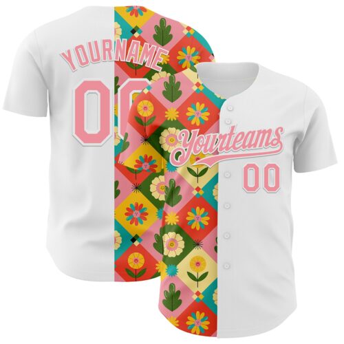 3DPattern6846 Custom White Medium Pink 3D Ambartive Checkered Flower Pattern Authentic Baseball Jersey