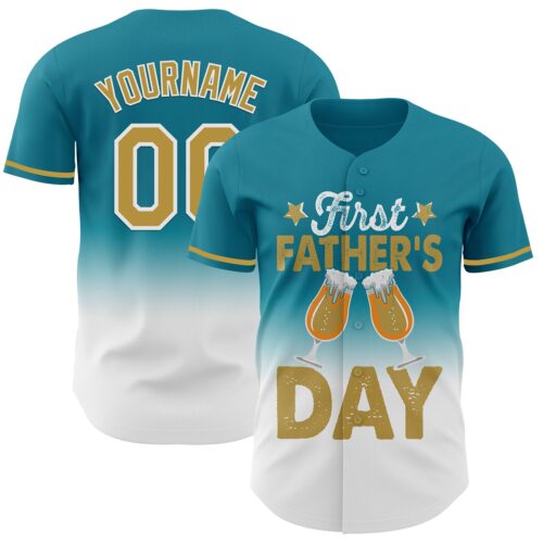 3DPattern6855_c090e93b-22eb-44e0-8752-f9bd138dc758 Custom Teal Old Gold-White 3D Pattern Design Father's Day Beer Lover Fade Authentic Baseball Jersey