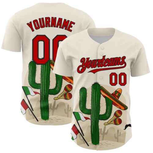 3DPattern6869_6a2a7842-a18f-4651-8ba2-3883aeb73a9a Custom Cream Red-Black 3D Mexican Festival Cactus Sombrero And Flag Cinco de Mayo Authentic Baseball Jersey