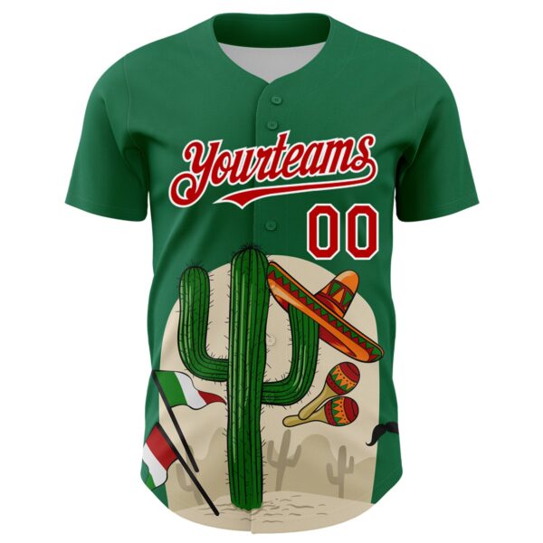 Custom Kelly Green Red-White 3D Mexican Festival Cactus Sombrero And Flag Cinco de Mayo Authentic Baseball Jersey