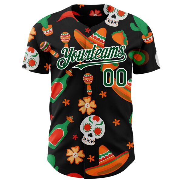 Custom Black Green-White 3D Mexican Festival Sombrero And Skull Cinco de Mayo Authentic Baseball Jersey