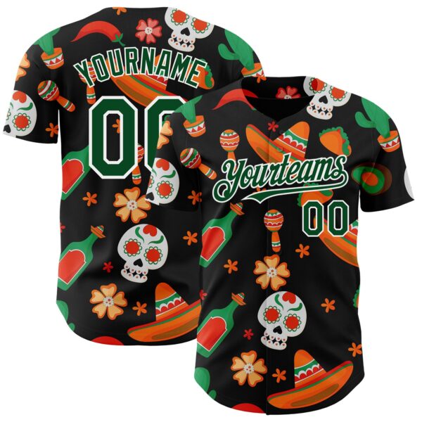Custom Black Green-White 3D Mexican Festival Sombrero And Skull Cinco de Mayo Authentic Baseball Jersey