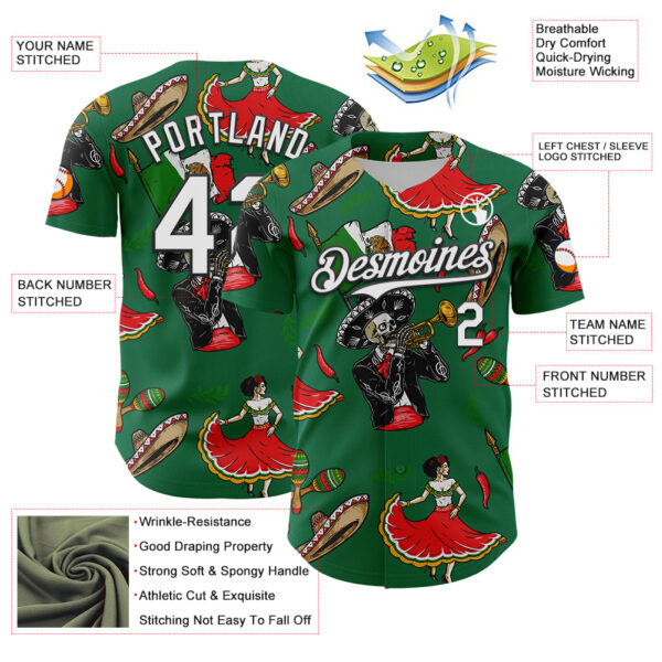 Custom Kelly Green White-Black 3D Mexican Festival Skull Cinco de Mayo Authentic Baseball Jersey